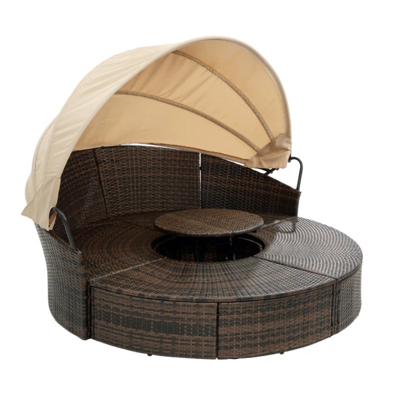 Hot Sale KD Rattan Round Lounge With Canopy Bali Canopy Bed Outdoor, Wicker Outdoor Sofa Bed with lift coffee table-海智集-Default-