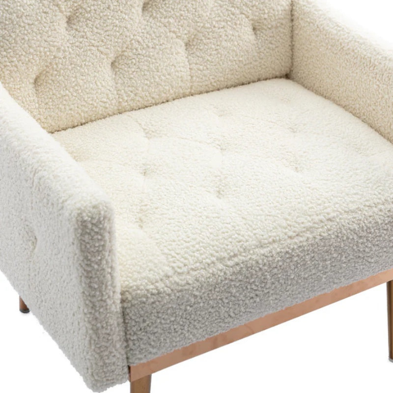 COOLMORE Modern Accent Chair with Arms, Tufted Decorative Fabric Armchair with Gold Metal Legs, Upholstered Reading Chair for Living Room Bedroom Office (White Teddy)-海智集-Default-