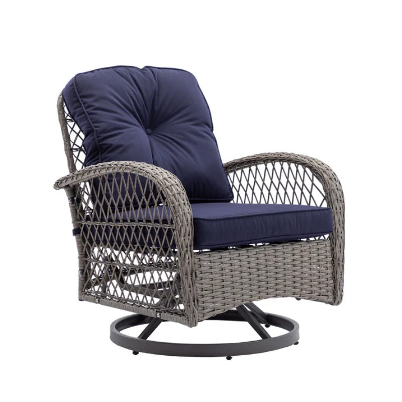 3 Pieces Outdoor Swivel Rocker Patio Chairs, 360 Degree Rocking Patio Conversation Set with Thickened Cushions and Glass Coffee Table for Backyard, Navy blue-海智集-Default-