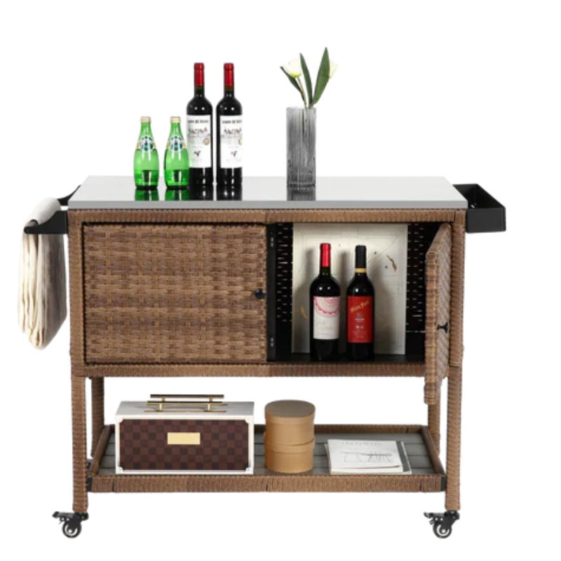 Outdoor Wicker Bar Cart, Patio Wine Serving Cart w/Wheels, Rolling Rattan Beverage Bar Counter Table w/Glass Top for Porch Backyard Garden Poolside Party, Brown-海智集-Default-