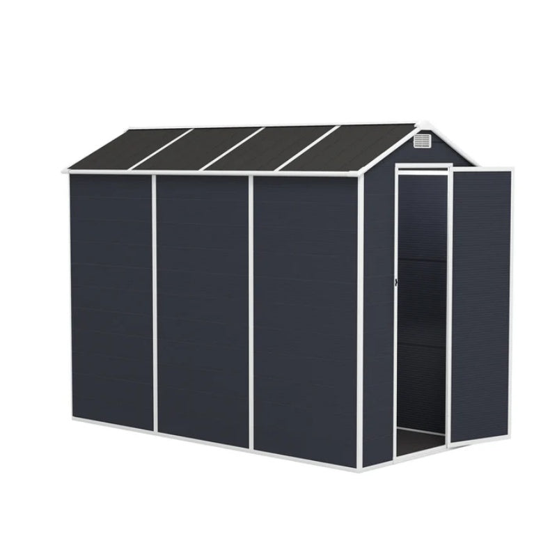 Campcraft 4*8ft resin storage shed, high quality pp material, strong structure, waterproof, rust and UV proof, large storage space, 12mm thick pp board, HD window lighting Dark gray-海智集-Default-