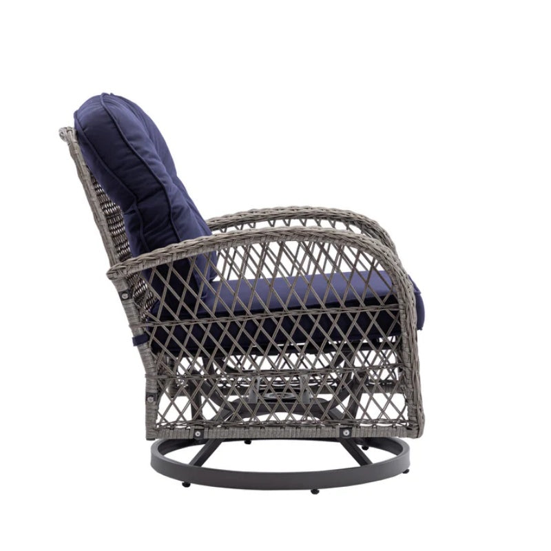 3 Pieces Outdoor Swivel Rocker Patio Chairs, 360 Degree Rocking Patio Conversation Set with Thickened Cushions and Glass Coffee Table for Backyard, Navy blue-海智集-Default-
