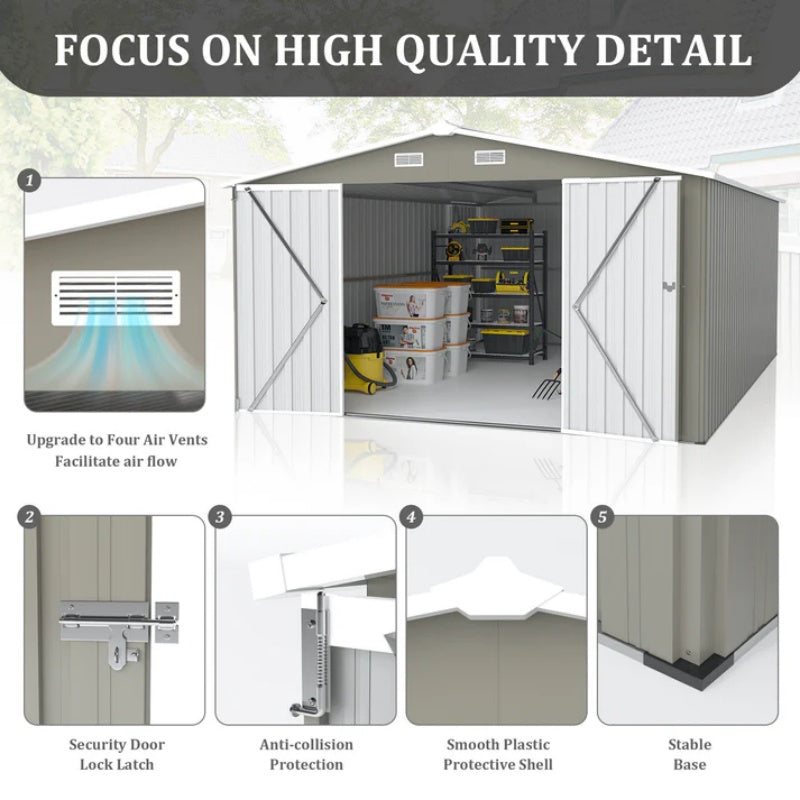 Campcraft Outdoor Storage Shed 10×14 FT with 3 Lockable Doors,Utility Tool Shed Metal Storage Garden Sheds Frame and 4 Vents,for Backyard,Patio,Lawn,Light Grey-海智集-Default-