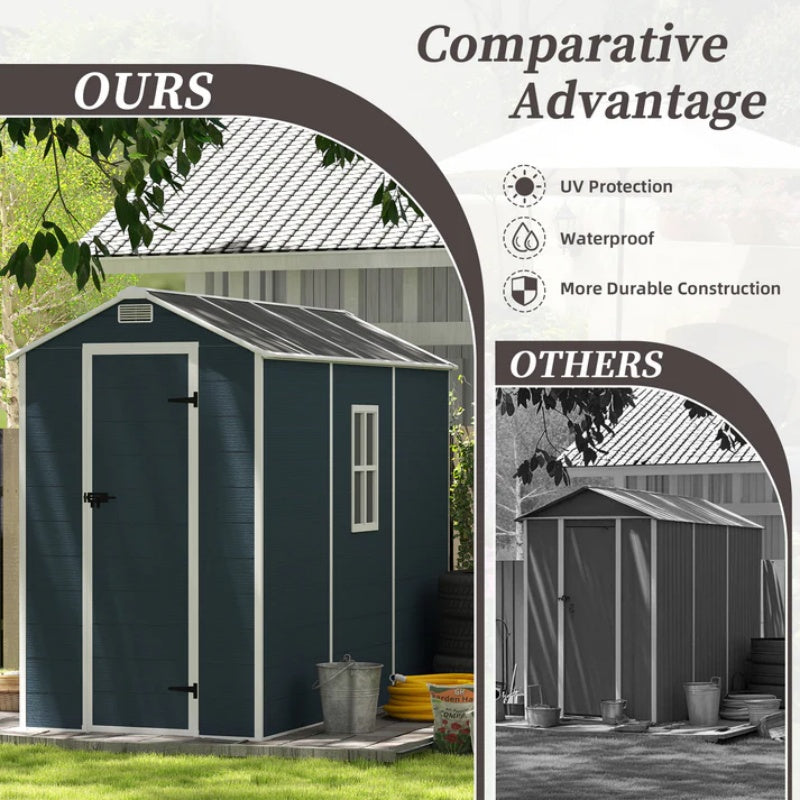 Campcraft 4*8ft resin storage shed, high quality pp material, strong structure, waterproof, rust and UV proof, large storage space, 12mm thick pp board, HD window lighting Dark gray-海智集-Default-