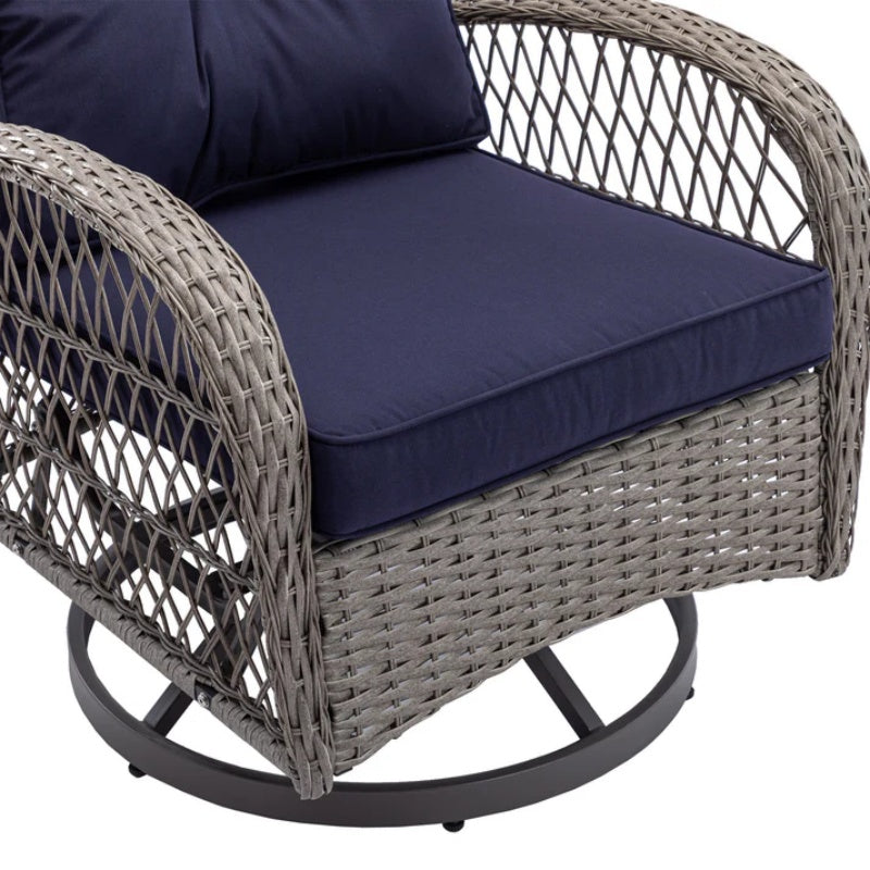 3 Pieces Outdoor Swivel Rocker Patio Chairs, 360 Degree Rocking Patio Conversation Set with Thickened Cushions and Glass Coffee Table for Backyard, Navy blue-海智集-Default-