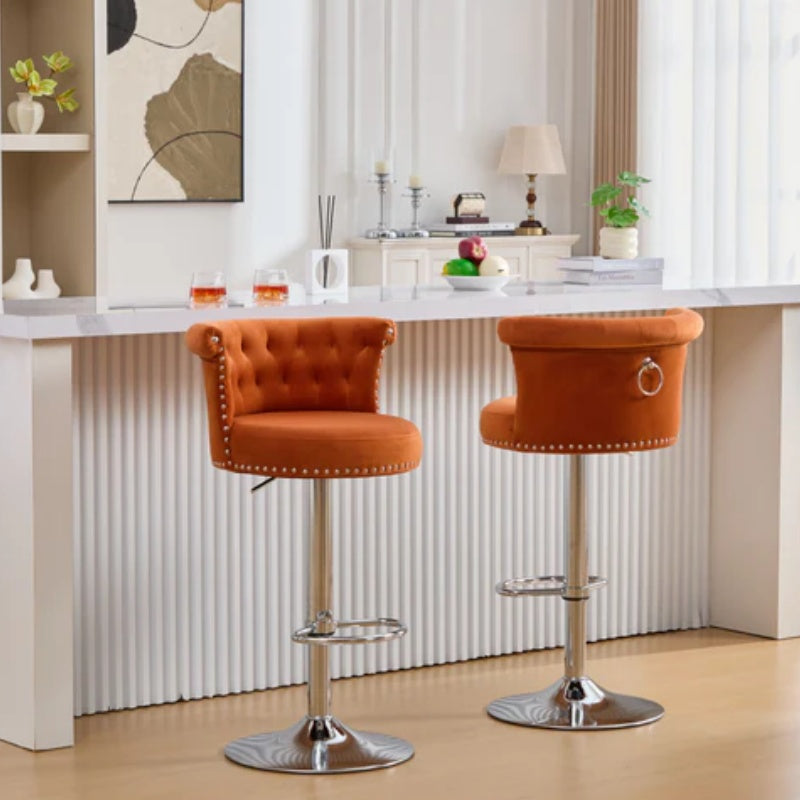 COOLMORE Velvet Bar Stool Set of 2, Adjustable Swivel Bar Stools with Silver Plated Metal Leg, Chrome Nailhead, Counter Height Chair for Kitchen,Dining Room-海智集-Default-