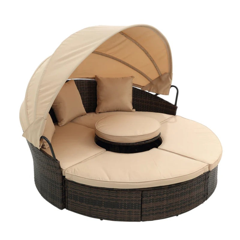 Hot Sale KD Rattan Round Lounge With Canopy Bali Canopy Bed Outdoor, Wicker Outdoor Sofa Bed with lift coffee table-海智集-Default-