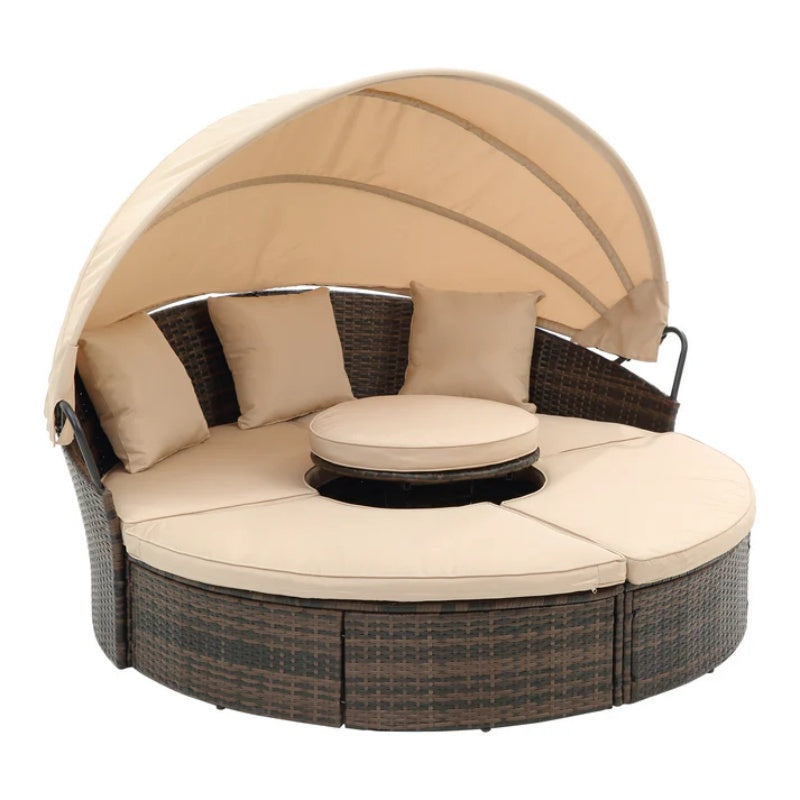 Hot Sale KD Rattan Round Lounge With Canopy Bali Canopy Bed Outdoor, Wicker Outdoor Sofa Bed with lift coffee table-海智集-Default-