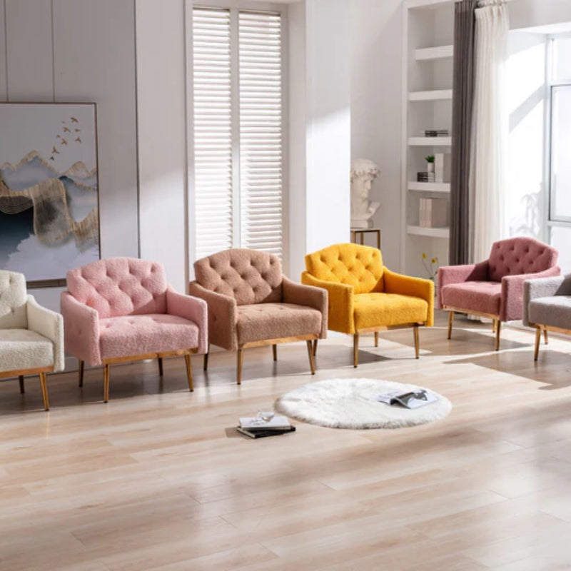 COOLMORE Modern Accent Chair with Arms, Tufted Decorative Fabric Armchair with Gold Metal Legs, Upholstered Reading Chair for Living Room Bedroom Office (White Teddy)-海智集-Default-