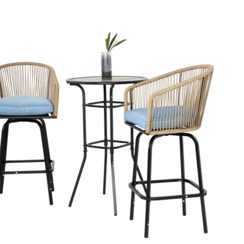 3pcs Outdoor Bar Set, Patio Bar Table and Chairs Set, Bar Height Patio Set - 2 x Swivel Bar Chairs , 1 x Round Bar Table(DPC Wood-Like)-Blue-海智集-Default-