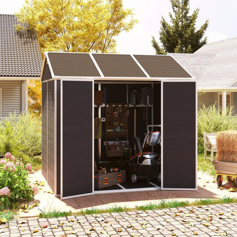 8*7ft Outdoor Storage Shed, Outdoor Resin Shed with Two-Window and Double-Door, Plastic Shed with Floor for Garden, Patio, Yard, Lawn (Dark Gray)-海智集-Default-