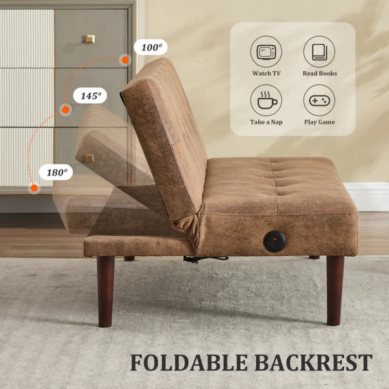 Foldable Fashion Sofa Bed High End Flannel Fabric Back Adjustable Sofa Recliner Futon, Modern Fashion Sofa with Charging Port, Suitable for Living Room Bedroom Office (Coffee color)-海智集-Default-