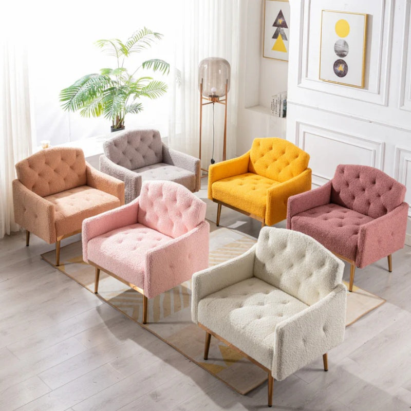 COOLMORE Modern Accent Chair with Arms, Tufted Decorative Fabric Armchair with Gold Metal Legs, Upholstered Reading Chair for Living Room Bedroom Office (White Teddy)-海智集-Default-