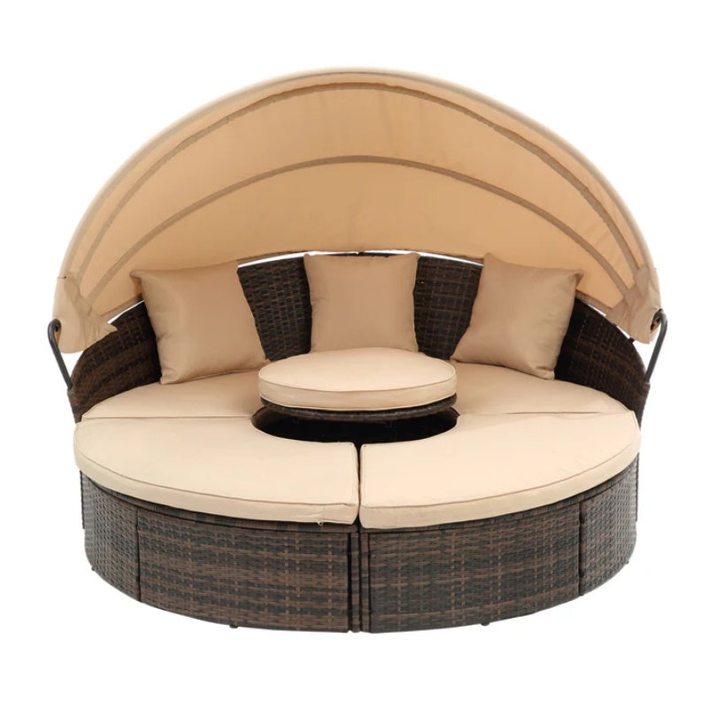 Hot Sale KD Rattan Round Lounge With Canopy Bali Canopy Bed Outdoor, Wicker Outdoor Sofa Bed with lift coffee table-海智集-Default-