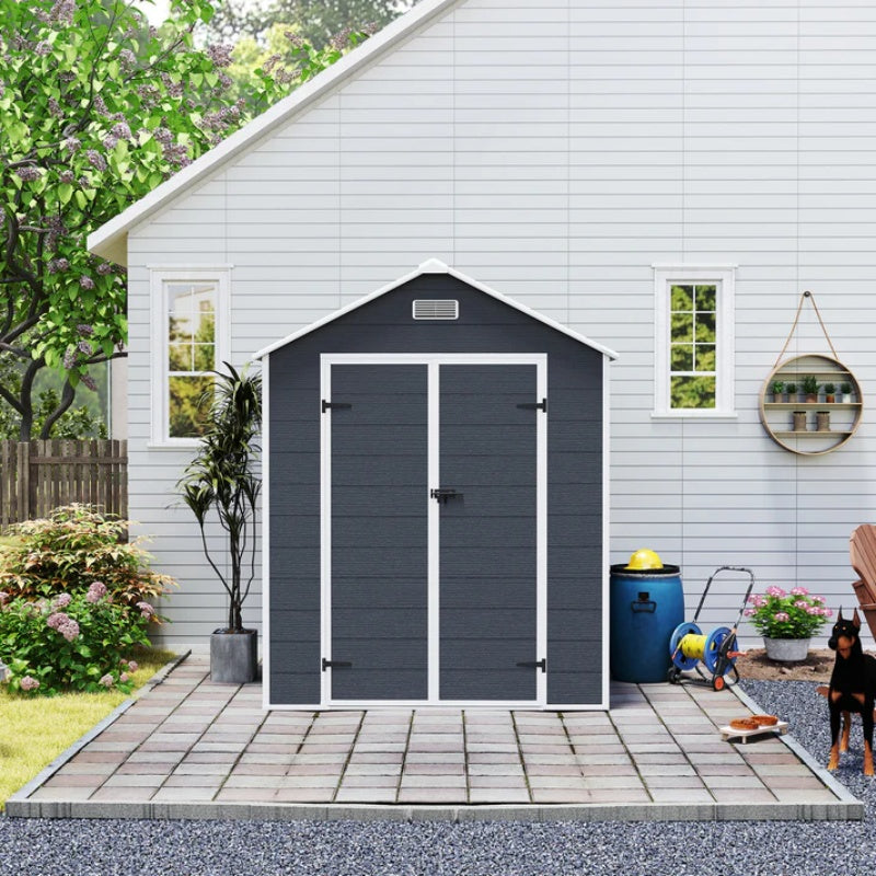 Campcraft 6*6ft resin storage shed, high quality pp material, strong structure, waterproof, rust and UV proof, large storage space, 12mm thick pp board, HD window lighting Dark gray-海智集-Default-