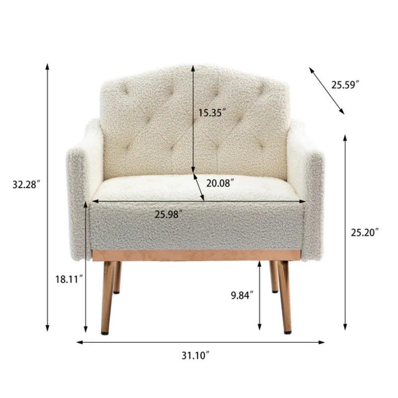 COOLMORE Modern Accent Chair with Arms, Tufted Decorative Fabric Armchair with Gold Metal Legs, Upholstered Reading Chair for Living Room Bedroom Office (White Teddy)-海智集-Default-