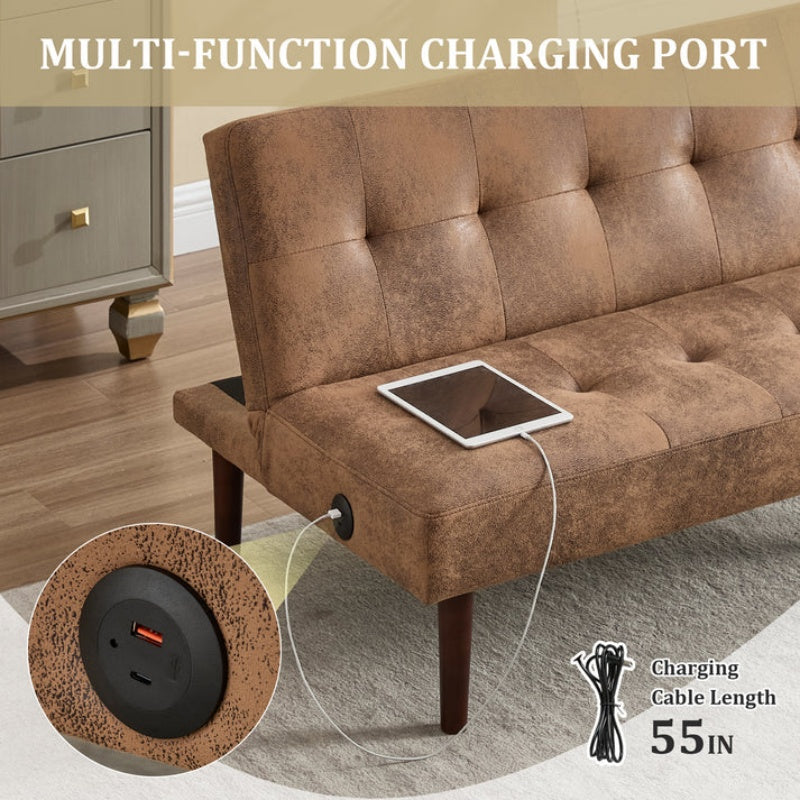 Foldable Fashion Sofa Bed High End Flannel Fabric Back Adjustable Sofa Recliner Futon, Modern Fashion Sofa with Charging Port, Suitable for Living Room Bedroom Office (Coffee color)-海智集-Default-