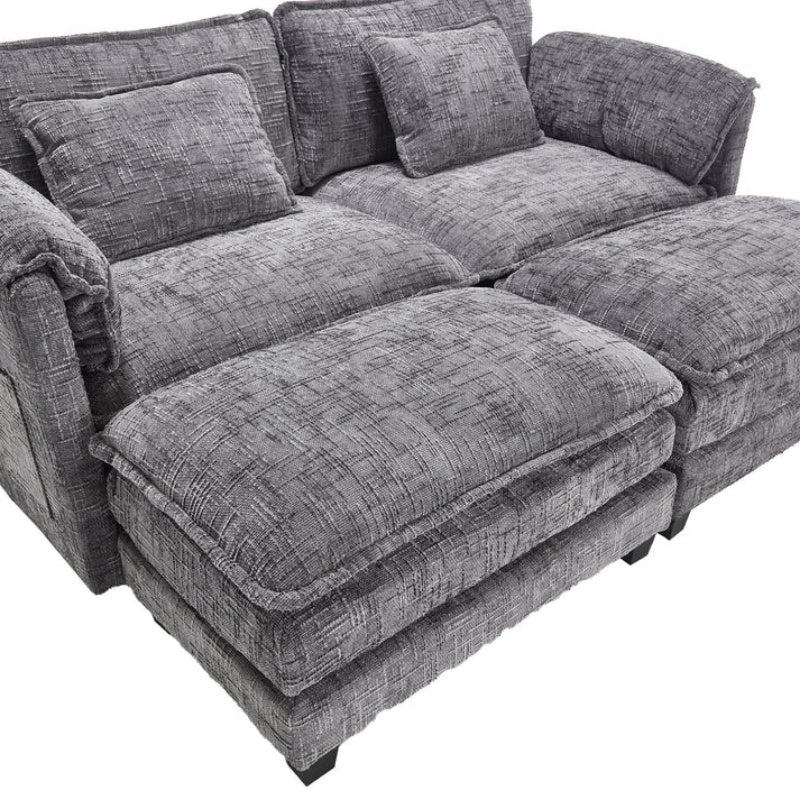 UNITED WE WIN Chenille fabric, solid construction, the overall structure of the sofa is stable, detachable armrests, two foot stools and two-seat sofa with side pockets-海智集-Default-