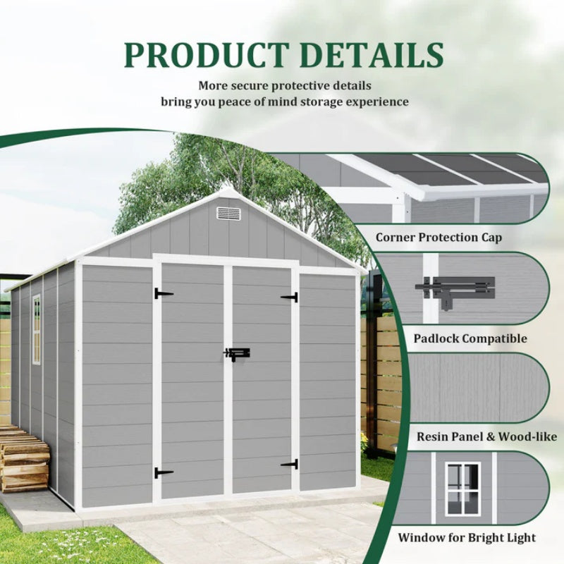 Campcraft 8*10ft resin storage shed, high quality pp material, strong structure, waterproof, rust and UV proof, large storage space, 12mm thick pp board, HD window lighting-海智集-Default-