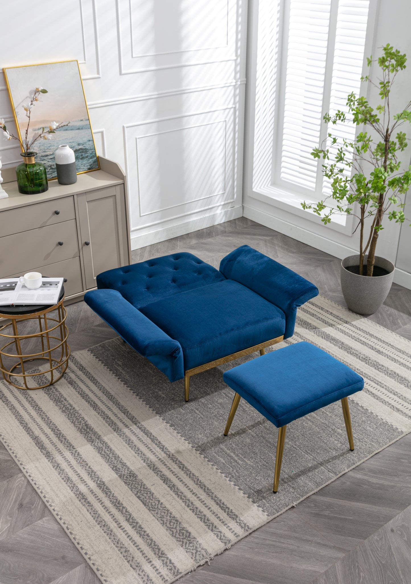 COOLMORE Velvet Accent Chair with Adjustable Armrests and Backrest, Button Tufted Lounge Chair, Single Recliner Armchair with Ottoman-海智集-Default-