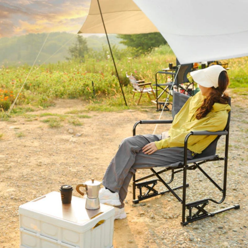 Outdoor Freestyle Rocker Camping Chair Portable Folding Rocking Chair with Solid, Durable Armrests, Drink Holder & Comfortable Backrest -Grey-海智集-Default-
