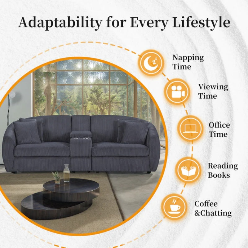 UNITED WE WIN corduroy fabric, two cup holders, storage, oversized two-seat, solid wood frame, high quality sponge filling, curved placement sofa-海智集-Default-