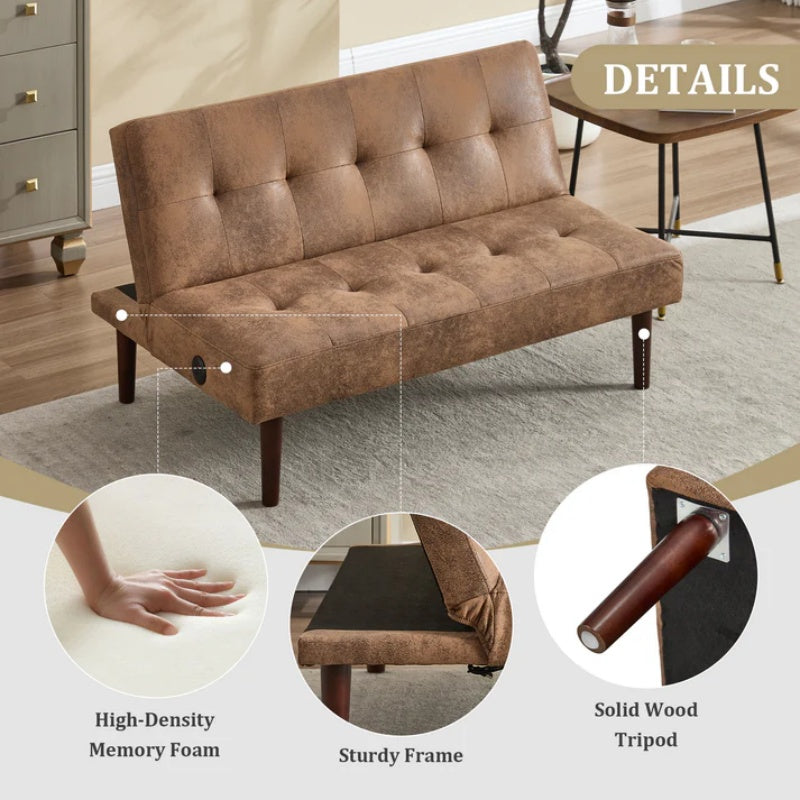 Foldable Fashion Sofa Bed High End Flannel Fabric Back Adjustable Sofa Recliner Futon, Modern Fashion Sofa with Charging Port, Suitable for Living Room Bedroom Office (Coffee color)-海智集-Default-