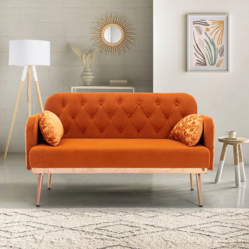 COOLMORE Modern Velvet Loveseat Sofa , Comfy Upholstered 2-Seater Sofa with Gold Metal Legs, Small Loveseat Accent Couch for Living Bedroom Leisure Areas (Orange Velvet)-海智集-Default-