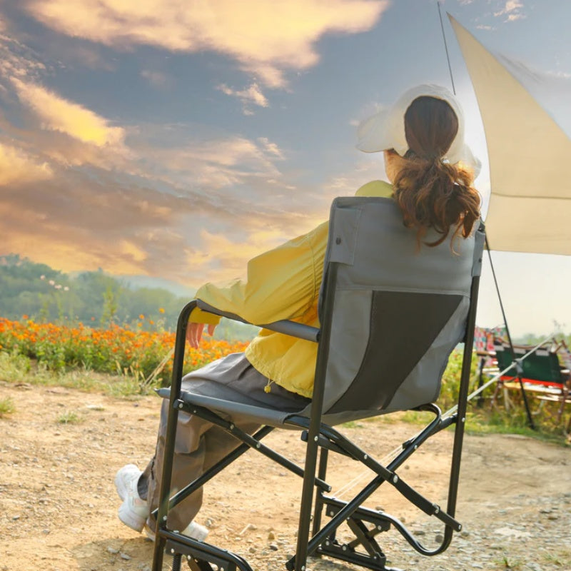Outdoor Freestyle Rocker Camping Chair Portable Folding Rocking Chair with Solid, Durable Armrests, Drink Holder & Comfortable Backrest -Grey-海智集-Default-