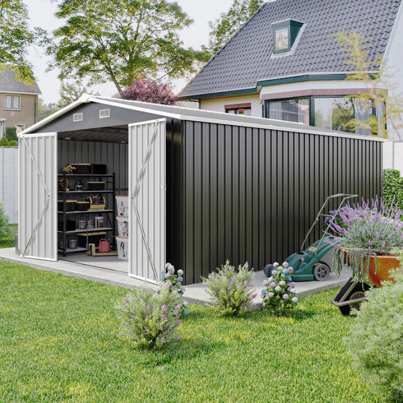 Campcraft Outdoor Storage Shed 10×14 FT with 3 Lockable Doors,Utility Tool Shed Metal Storage Garden Sheds Frame and 4 Vents,for Backyard,Patio,Lawn,dark Grey-海智集-Default-