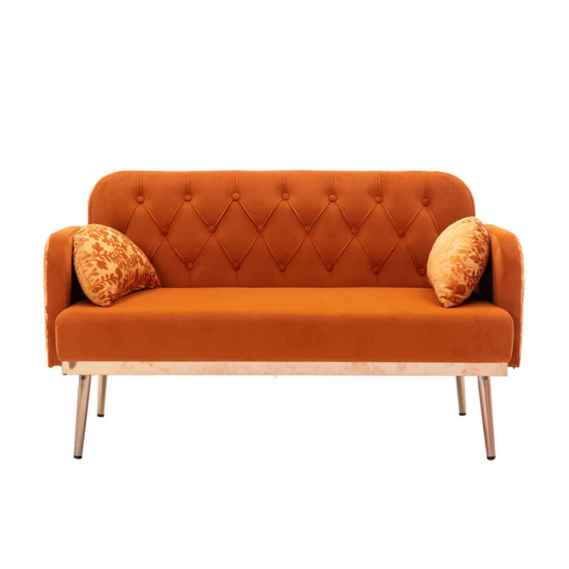 COOLMORE Modern Velvet Loveseat Sofa , Comfy Upholstered 2-Seater Sofa with Gold Metal Legs, Small Loveseat Accent Couch for Living Bedroom Leisure Areas (Orange Velvet)-海智集-Default-