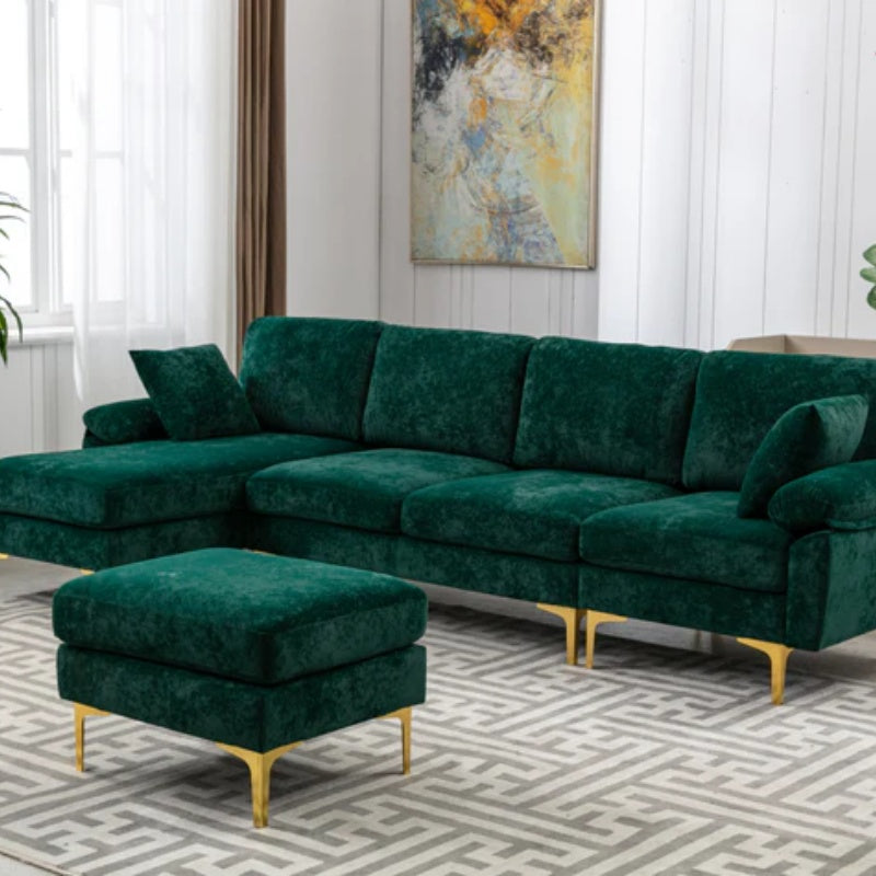 COOLMORE U-shape sectional sofa with Ottoman , Reversible Sofa Couch for Living Room,Spacious Furniture,Durable Couch Removable and machine washable cover (Emerald Velvet)-海智集-Default-