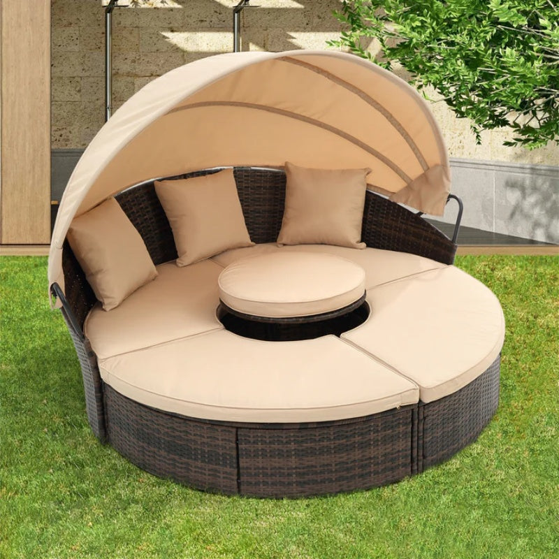 Hot Sale KD Rattan Round Lounge With Canopy Bali Canopy Bed Outdoor, Wicker Outdoor Sofa Bed with lift coffee table-海智集-Default-