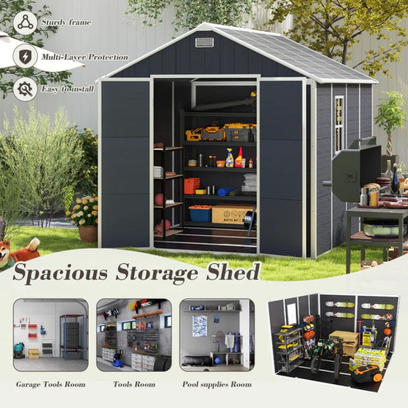 Campcraft 8*8ft resin storage shed, high quality pp material, strong structure, waterproof, rust and UV proof, large storage space, 12mm thick pp board, HD window lighting Dark gray-海智集-Default-