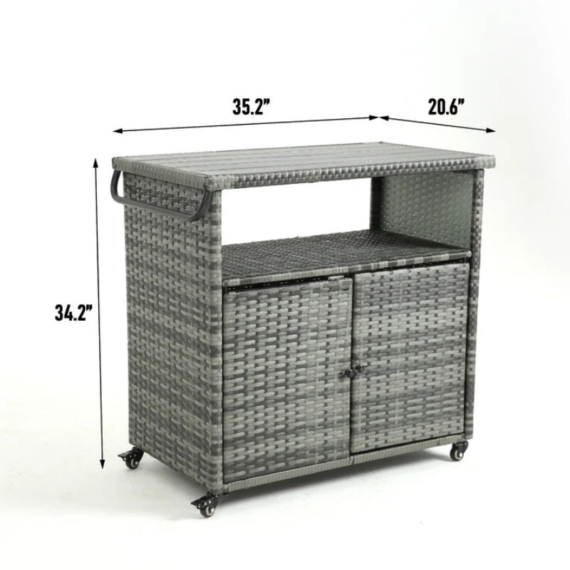 Outdoor Wicker Bar Cart, Patio Wine Serving Cart w/Wheels , Rolling Rattan Beverage Bar Counter Table w/Glass Top for Porch Backyard Garden Poolside Party, Light brown-海智集-Default-