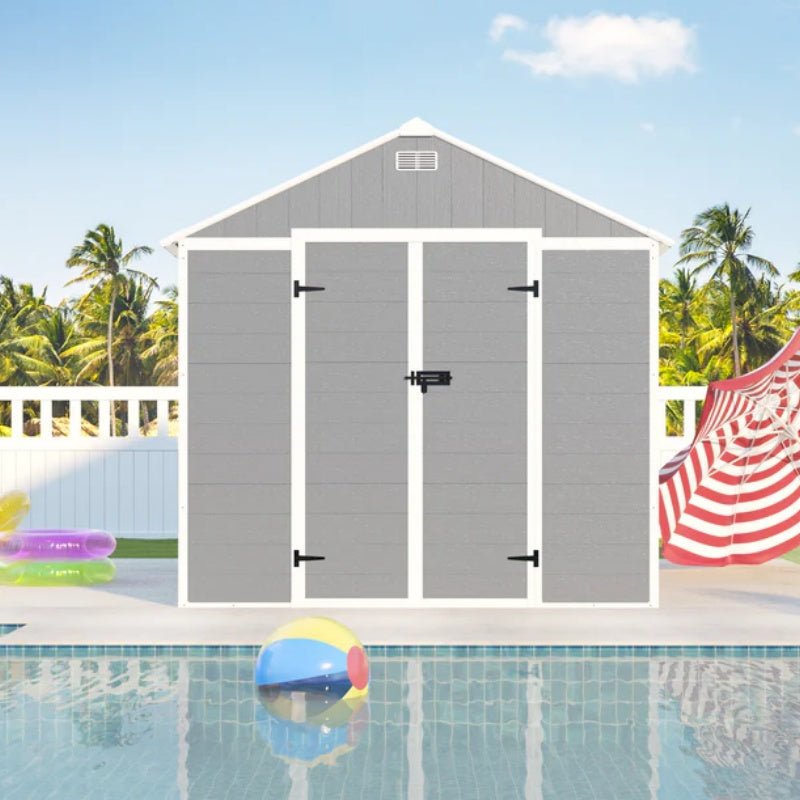 Campcraft 8*8ft resin storage shed, high quality pp material, strong structure, waterproof, rust and UV proof, large storage space, 12mm thick pp board, HD window lighting-海智集-Default-