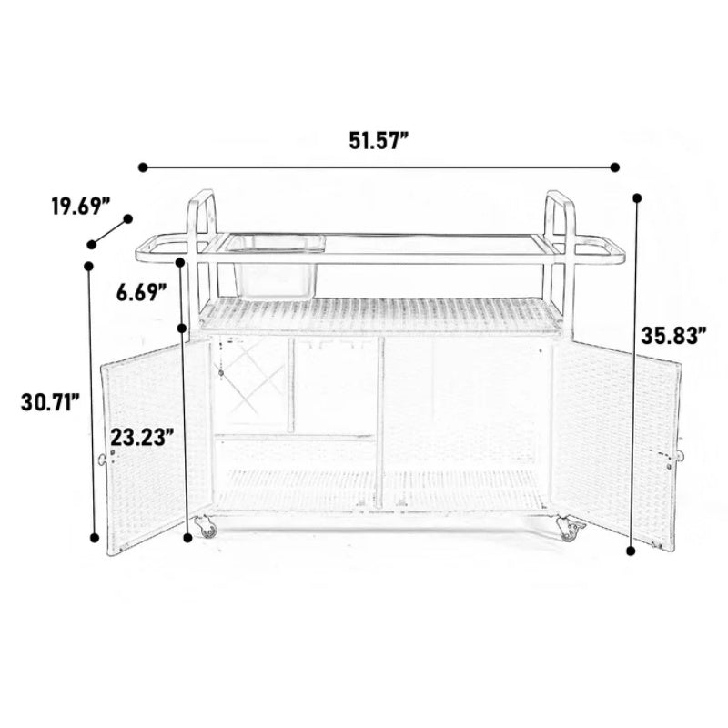 Outdoor Bar Table, Wicker Bar Cart with Cabinet, Patio Serving Cart with steel Top, with one ice bucket,Lockable Wheels, Side Basket for Garden, Poolside & Backyard, Black-海智集-Default-