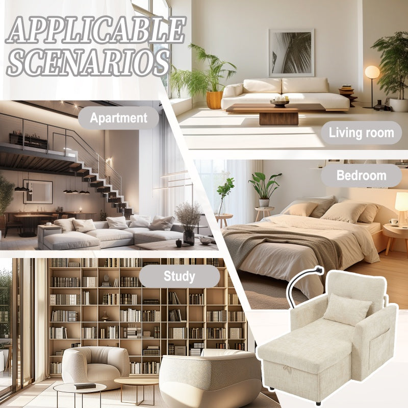 Multifunctional Lazy Person Sofa Recliner with Storage, Cell Phone Bracket, Beige Chenille, 49.21' x 32.27' x 34.25'-海智集-Default-