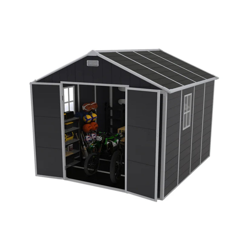 Campcraft 8*8ft resin storage shed, high quality pp material, strong structure, waterproof, rust and UV proof, large storage space, 12mm thick pp board, HD window lighting Dark gray-海智集-Default-