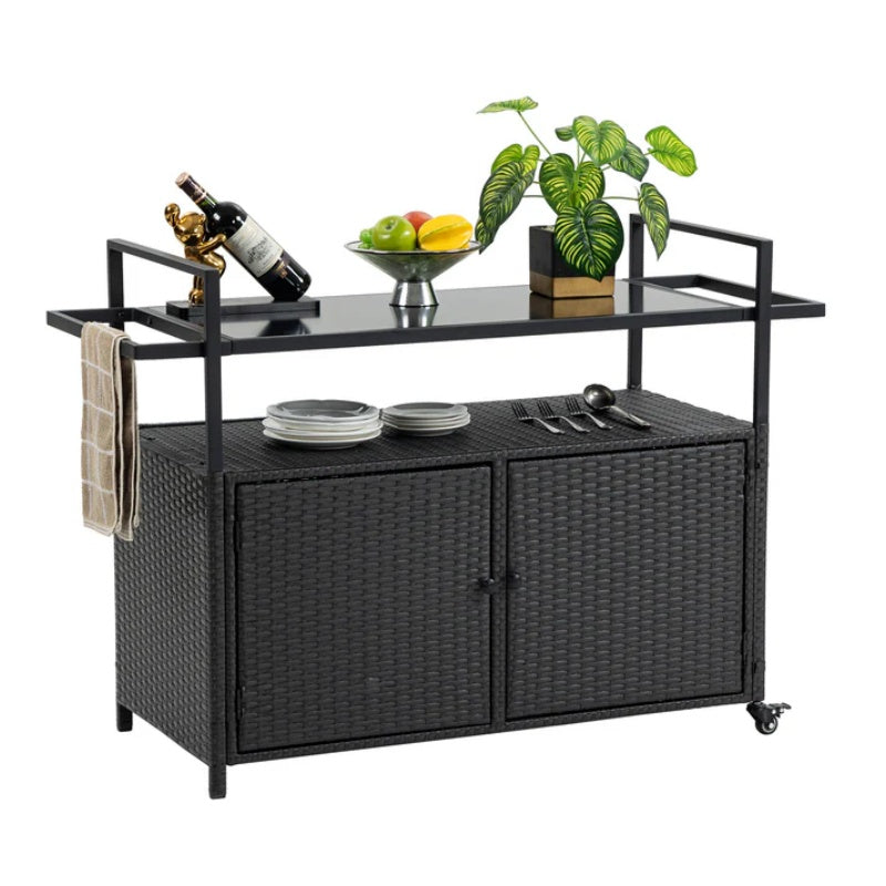 Outdoor Wicker Bar Cart, Patio Wine Serving Cart w/Wheels, Rolling Rattan Beverage Bar Counter Table w/Glass Top for Porch Backyard Garden Poolside Party, Black-海智集-Default-