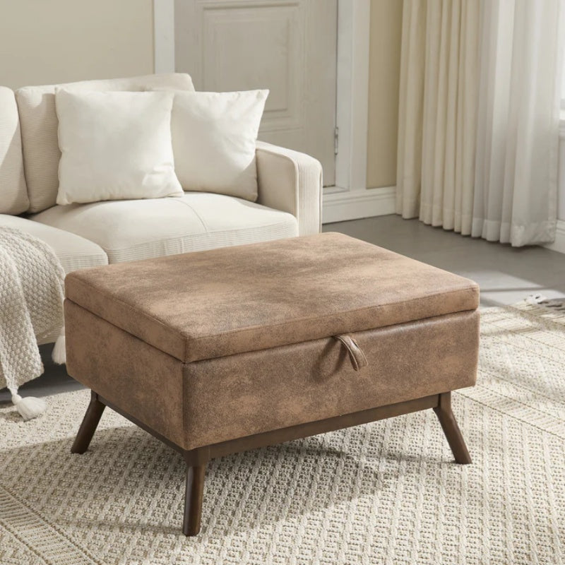 Mid-century modern square coffee table storage bench, assembled, suitable for living room, entryway and family room, used as a coffee table, stirrups, shoe bench-海智集-Default-