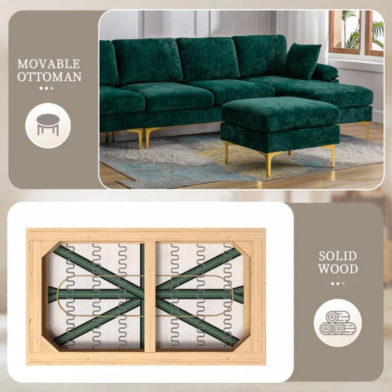 COOLMORE U-shape sectional sofa with Ottoman , Reversible Sofa Couch for Living Room,Spacious Furniture,Durable Couch Removable and machine washable cover (Emerald Velvet)-海智集-Default-