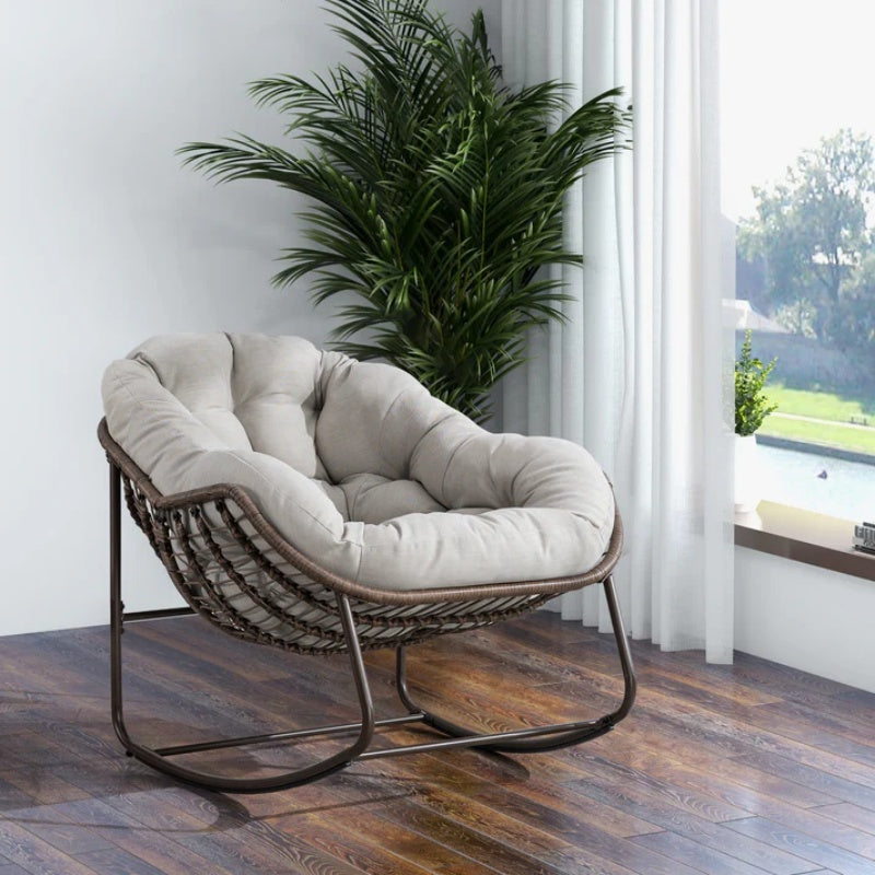 Outdoor Rattan Rocking Chair,Padded Cushion Rocker Recliner Chair Outdoor for Front Porch, Living Room, Patio, Garden, Beige-海智集-Default-