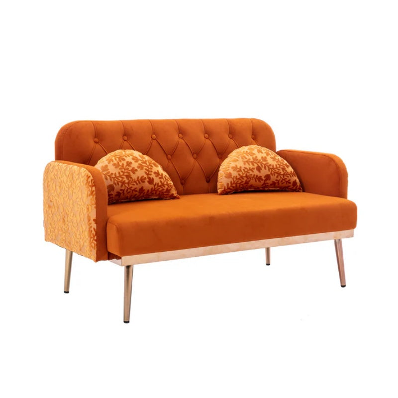 COOLMORE Modern Velvet Loveseat Sofa , Comfy Upholstered 2-Seater Sofa with Gold Metal Legs, Small Loveseat Accent Couch for Living Bedroom Leisure Areas (Orange Velvet)-海智集-Default-