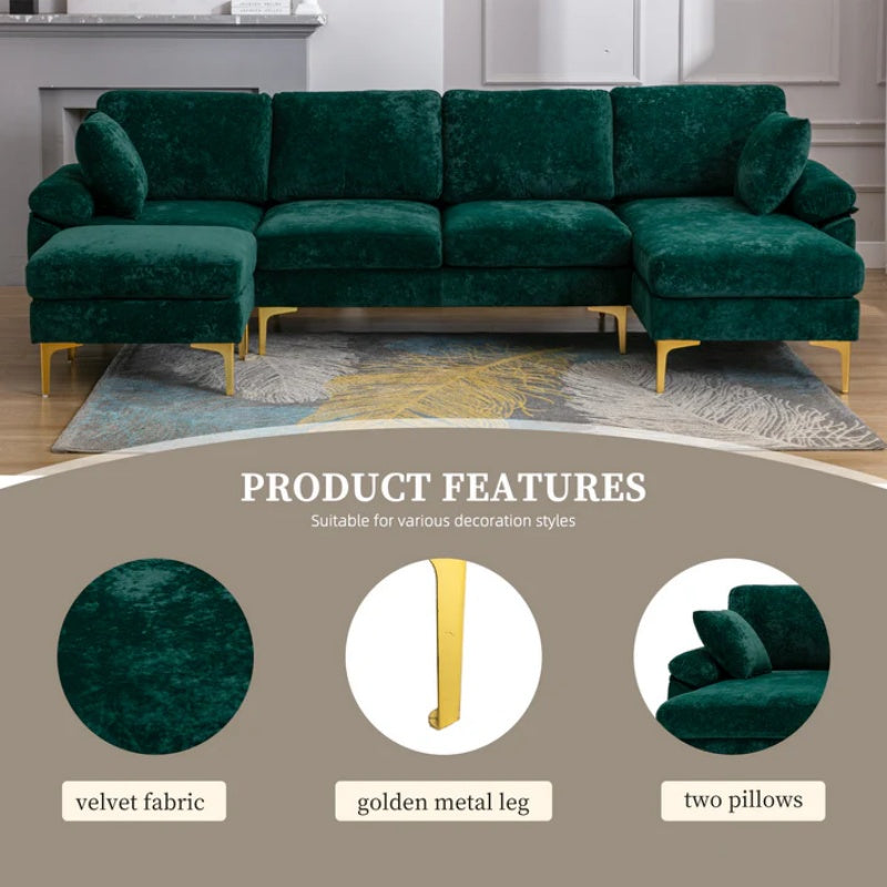 COOLMORE U-shape sectional sofa with Ottoman , Reversible Sofa Couch for Living Room,Spacious Furniture,Durable Couch Removable and machine washable cover (Emerald Velvet)-海智集-Default-