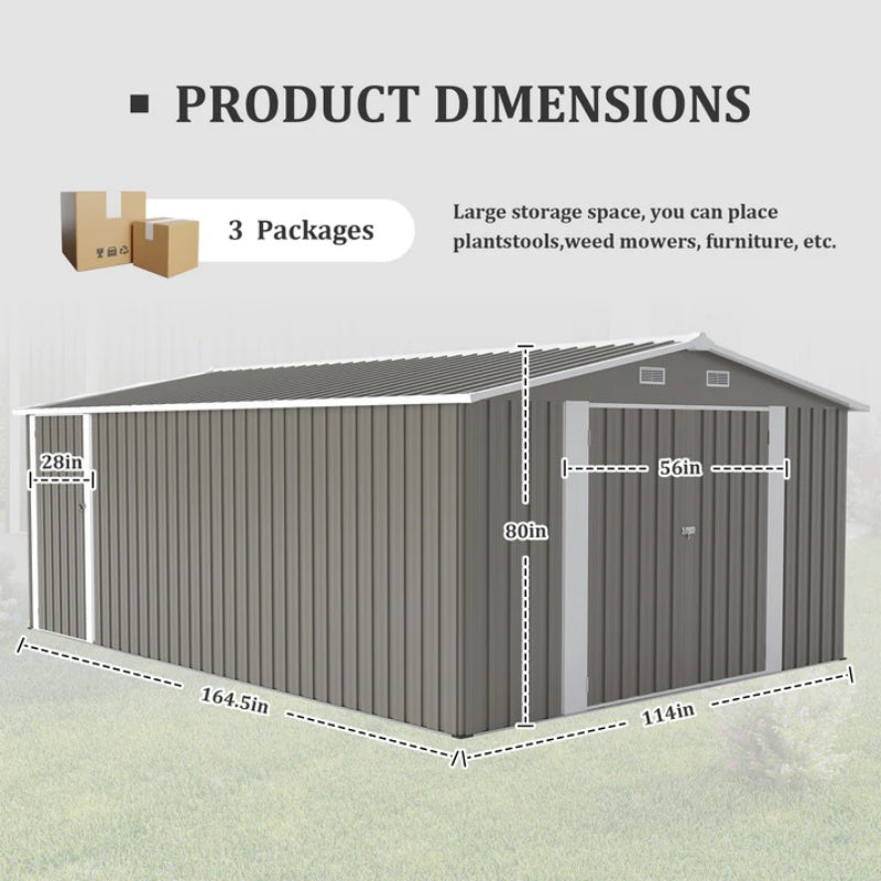 Campcraft Outdoor Storage Shed 10×14 FT with 3 Lockable Doors,Utility Tool Shed Metal Storage Garden Sheds Frame and 4 Vents,for Backyard,Patio,Lawn,Light Grey-海智集-Default-