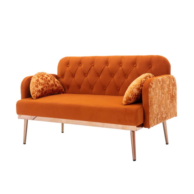 COOLMORE Modern Velvet Loveseat Sofa , Comfy Upholstered 2-Seater Sofa with Gold Metal Legs, Small Loveseat Accent Couch for Living Bedroom Leisure Areas (Orange Velvet)-海智集-Default-