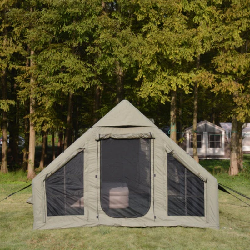 9.8 x13ft Inflatable Camping Tents with Hand Pump, Air Glamping Tents, Easy Setup Waterproof and Windproof Blow up Tent, 4 Seasons Oxford Cabin Tent with Mesh & Chimney Window. Army green-海智集-Default-