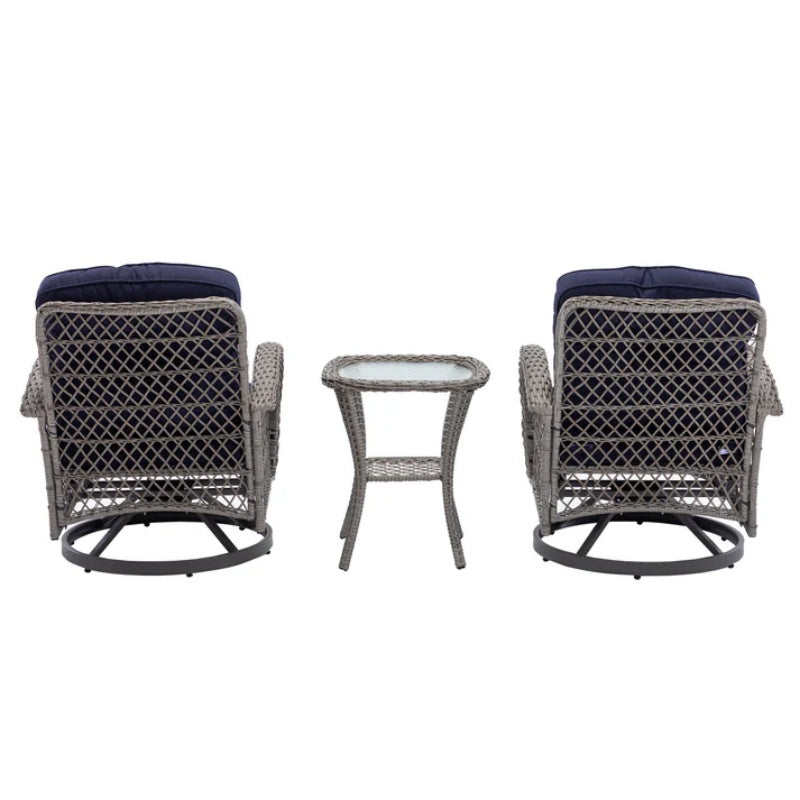 3 Pieces Outdoor Swivel Rocker Patio Chairs, 360 Degree Rocking Patio Conversation Set with Thickened Cushions and Glass Coffee Table for Backyard, Navy blue-海智集-Default-