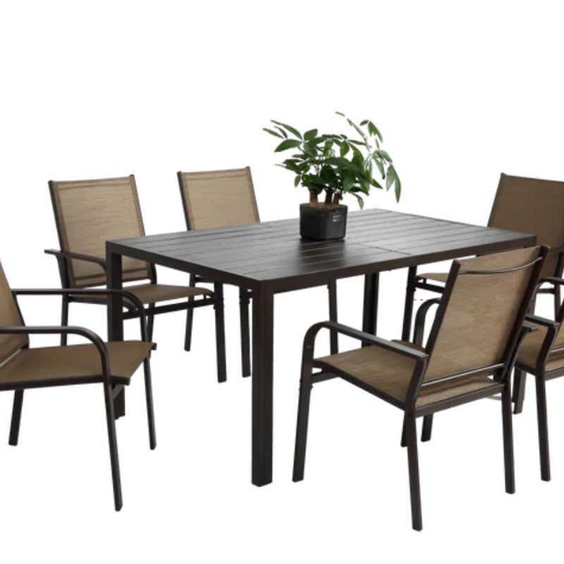 7 Pieces Patio Dining Set, Outdoor Furniture Table and 6 Textilene Chairs, Outdoor Furniture with Rectangular Table and 6 Stackable Chairs Family Conversation Set for Garden Backyard Deck-Brown-海智集-Default-